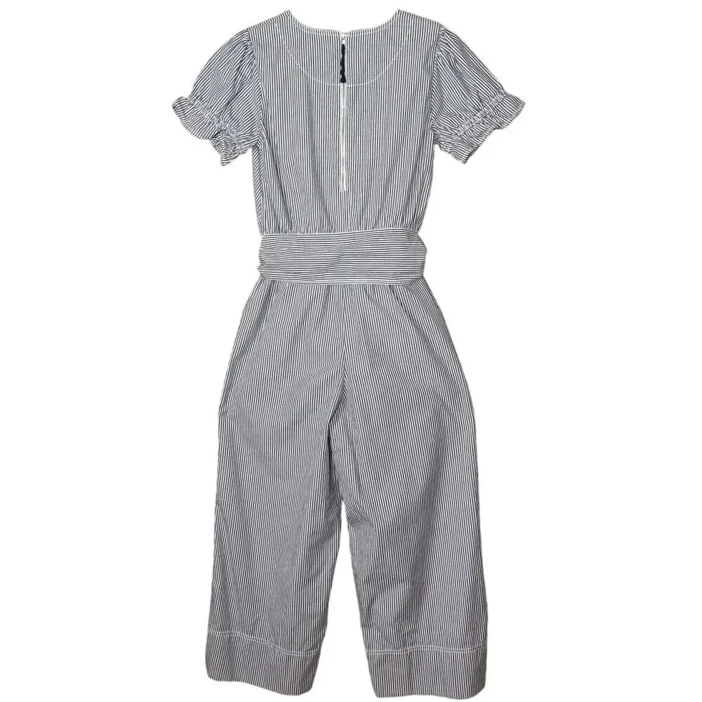 J.Crew Navy White Striped Ruffle Sleeve Cotton Poplin Wrap Jumpsuit Nautical 2
